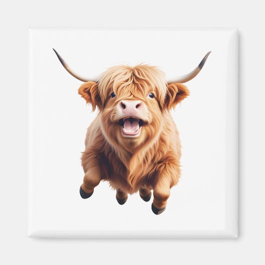 Hochlandkuh glücklich spielerischer Spaß beim Spri Magnet (Vorne)