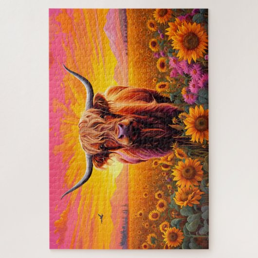 Hochlandkuh im Feld der Sonnenblumen bei Morgengra Puzzle (Vertikal)