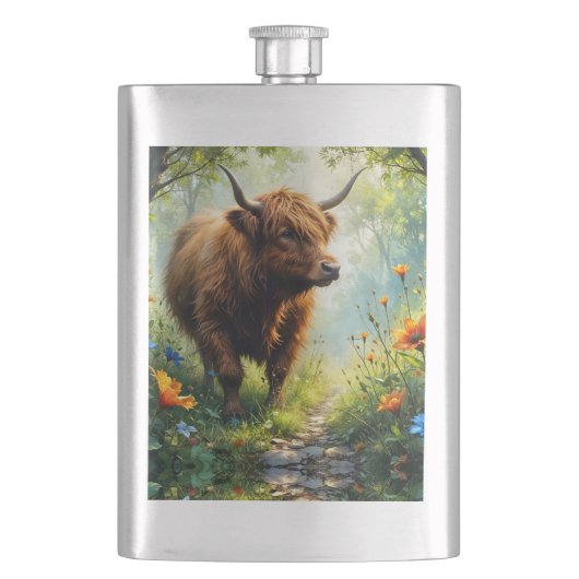 Hochlandkuh im Wald mit Wildblumen Flachmann (Vorderseite)