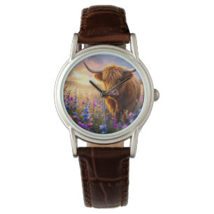 Hochlandkuh in einem Feld farbenfroher Blume Armbanduhr