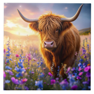 Hochlandkuh in einem Feld farbenfroher Blume Fliese