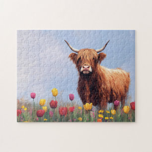 Hochlandkuh in einem Gebiet der Tulipen Puzzle