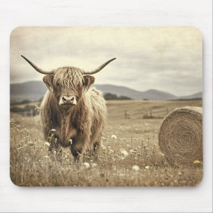 Hochlandkuh in einem Heufeld Vintag Mousepad
