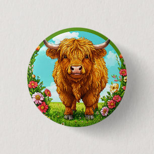 Hochlandkuh in einer mit Blumen geschmückten Weide Button