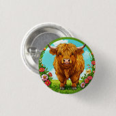Hochlandkuh in einer von Blume dekorierten Weidenl Button (Vorne & Hinten)