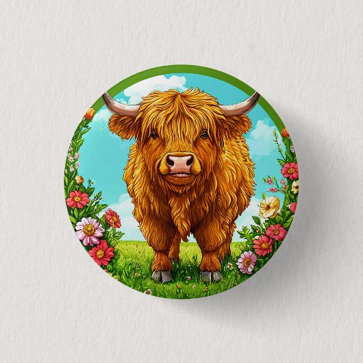 Hochlandkuh in einer von Blume dekorierten Weidenl Button (Vorderseite)