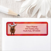 Hochlandkuh in Weihnachtsmannmütze auf Rot (Insitu)