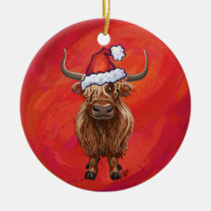 Hochlandkuh in Weihnachtsmannmütze auf Rot Keramik Ornament