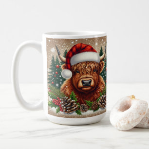 Hochlandkuh in Weihnachtsmannmütze mit Feriendekor Kaffeetasse