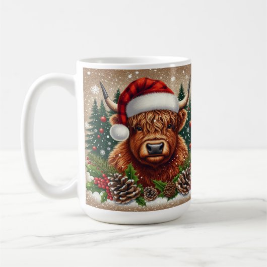 Hochlandkuh in Weihnachtsmannmütze mit Feriendekor Kaffeetasse (Links)