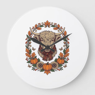 Hochlandkuh-Kürbis-Vintage-Stickerei-Herbst-Shirt Große Wanduhr