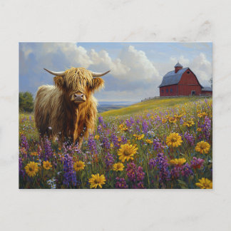 Hochlandkuh Lila Gelbe Wildblumen Postkarte