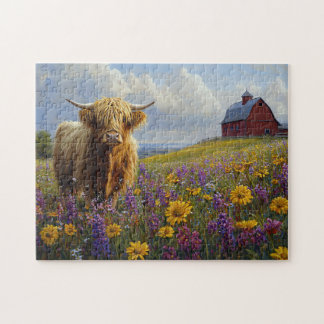 Hochlandkuh Lila Gelbe Wildblumen Puzzle