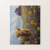 Hochlandkuh Lila Gelbe Wildblumen Puzzle (Vertikal)