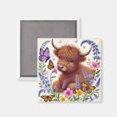 Hochlandkuh mit Blume und Schmetterlingen Magnet (Vorderseite/Rückseite)