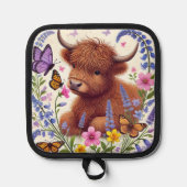 Hochlandkuh mit Blume und Schmetterlingen Topflappen (Vorderseite)