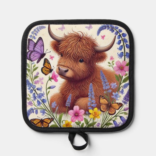 Hochlandkuh mit Blume und Schmetterlingen Topflappen (Vorderseite)