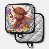 Hochlandkuh mit Blume und Schmetterlingen Topflappen (Vorderseite/Rückseite)