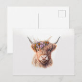 Hochlandkuh mit Blumenkronenklatsche Illustra Postkarte (Vorne/Hinten)