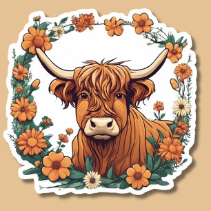 Hochlandkuh mit Bohemischen Blume Aufkleber