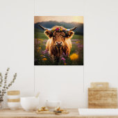 Hochlandkuh mit farbenfroher Blume Poster (Küche)
