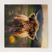 Hochlandkuh mit farbenfroher Blume Puzzle (Horizontal)