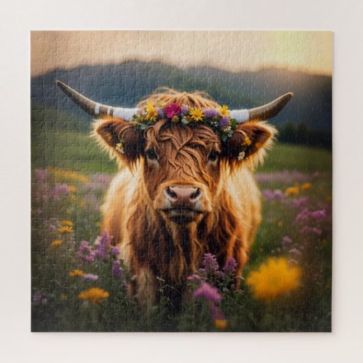 Hochlandkuh mit farbenfroher Blume Puzzle (Vertikal)