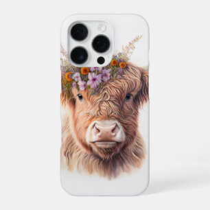 Hochlandkuh mit floraler Krone Wasserfarbenillustr iPhone 16 Pro Hülle