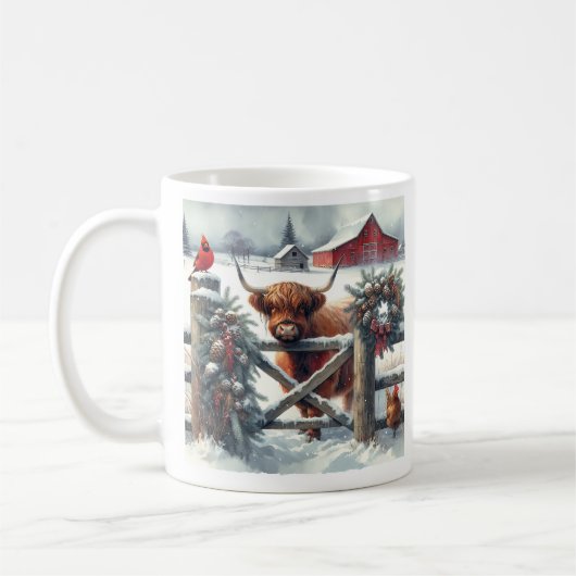 Hochlandkuh mit Kardinal und Hühnchen Personalisie Kaffeetasse (Links)