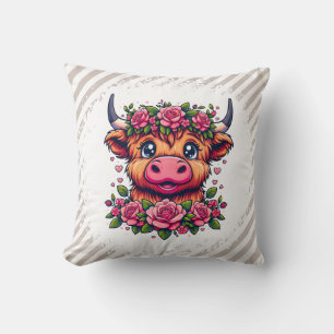 Hochlandkuh mit Rose Crown Kissen