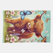 Hochlandkuh mit Schmetterlingen und Frühlingsblume Geschirrtuch (Horizontal)