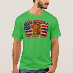 Hochlandkuh mit Sonnenblume US-Flagge Patriotische T-Shirt