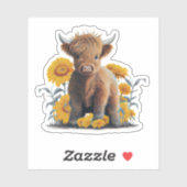 Hochlandkuh mit Sonnenblumen, kundenspezifischer S Aufkleber (Blatt)