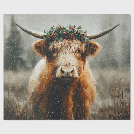 Hochlandkuh mit Weihnachtskranzkrone Geschenkpapier (Flach)