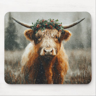 Hochlandkuh mit Weihnachtskranzkrone Mousepad