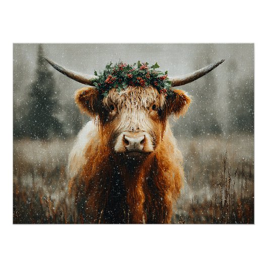 Hochlandkuh mit Weihnachtskranzkrone Poster (Vorderseite)