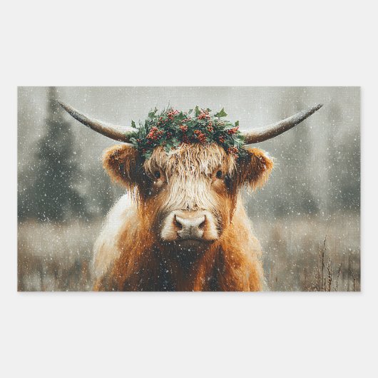 Hochlandkuh mit Weihnachtskranzkrone Rechteckiger Aufkleber (Vorderseite)