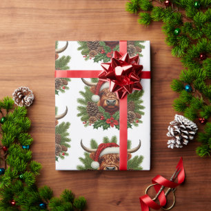 Hochlandkuh mit Weihnachtsmannmütze  Geschenkpapier