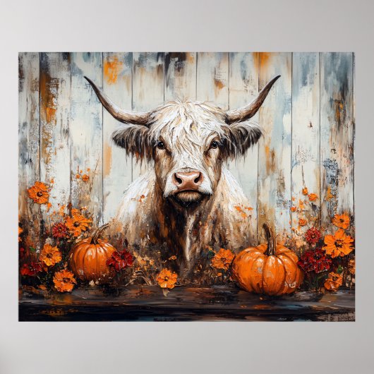 Hochlandkuh-Rustikale Herbstmalerei Poster (Vorne)