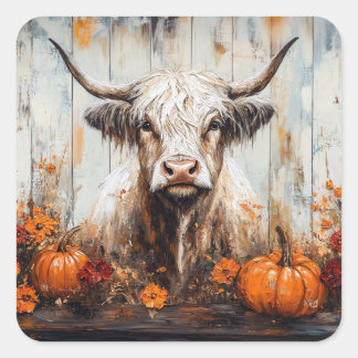 Hochlandkuh Rustikale Herbstmalerei Quadratischer Aufkleber