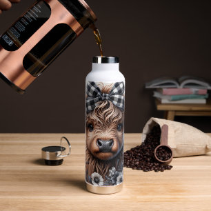 Hochlandkuh Schwarz Weiß Kariert Floral Rustikal  Trinkflasche