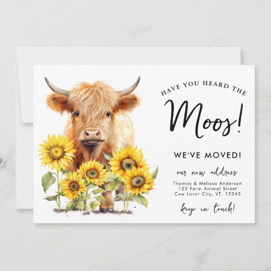Hochlandkuh Sonnenblumen Neue Adressenfarm bewegen Ankündigung (Vorderseite)