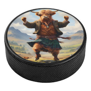 Hochlandkuh tanzt das Hochland Fling, Eishockey Puck