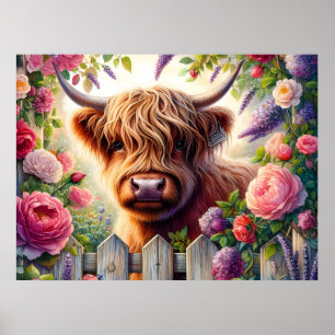 Hochlandkuh und rosa Rosen Poster