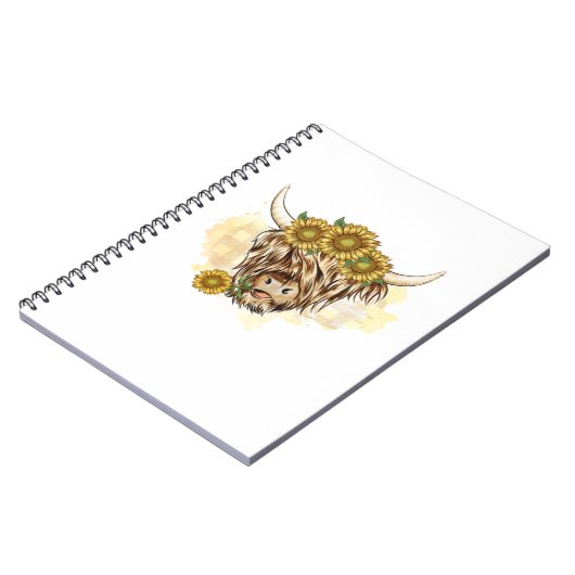 Hochlandkuh und Sonnenblumen. Perfektes Design für Notizblock (Linke Seite)