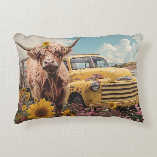 Hochlandkuh Vintag Gelber Lkw Sonnenblume Rustikal Dekokissen (Vorderseite)