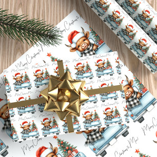 Hochlandkuh Vintage-Blauer LKW Frohe Weihnachten Geschenkpapier