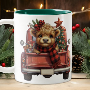 Hochlandkuh Vintage-Roter LKW Frohe Weihnachten Zweifarbige Tasse