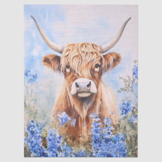 Hochlandkuh-Wasserfarben-Seidenpapier Blaue Blumen Seidenpapier