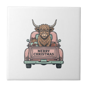 Hochlandkuh-Weihnachts-LKW-Vintage-Stickerei-Shirt Fliese